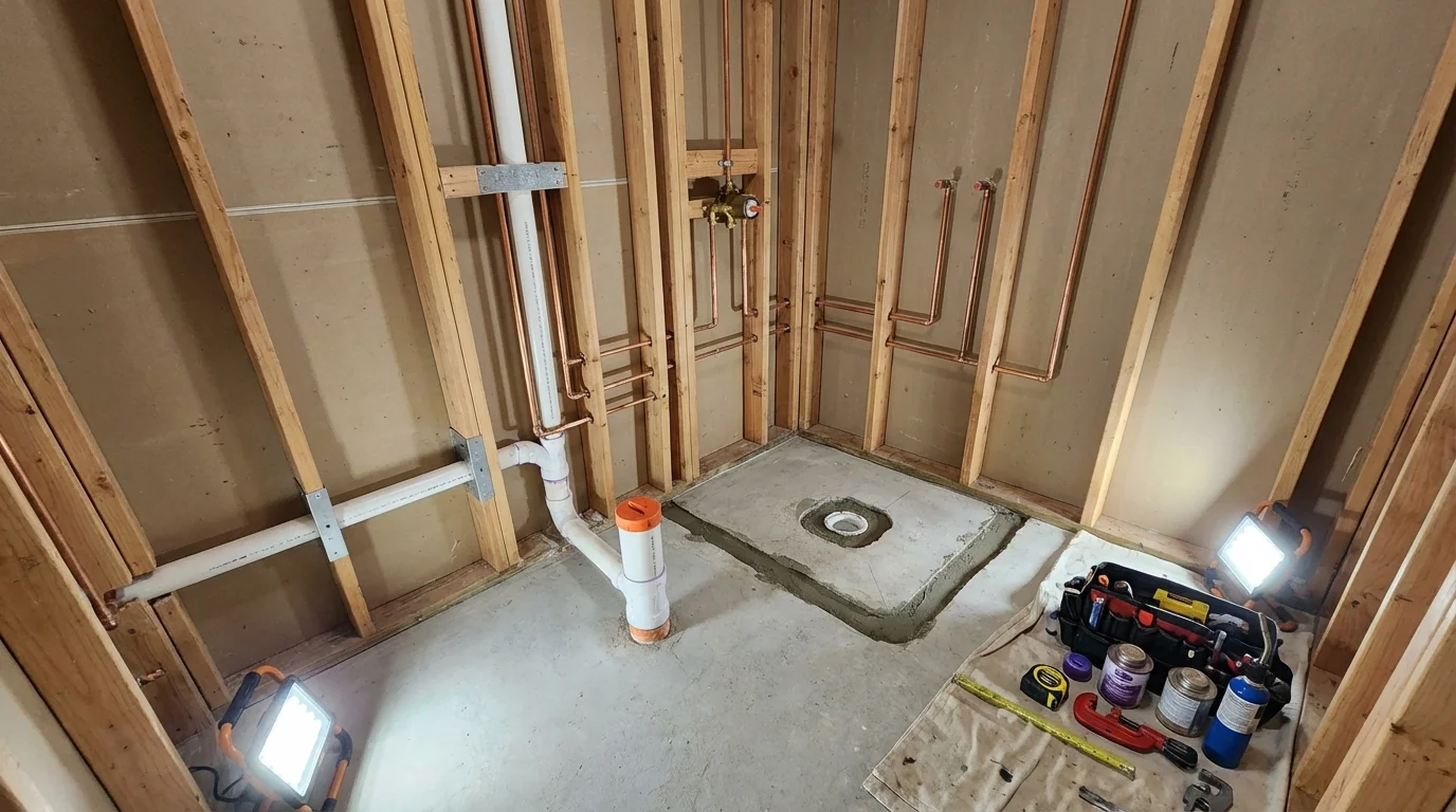 Bathroom rough-in plumbing during remodel by Johns Plumbing LLC in North Aurora