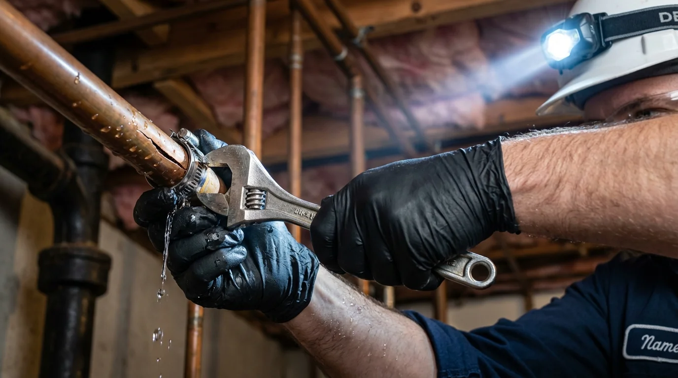 Emergency pipe clamp repair being performed by a Johns Plumbing LLC plumber in North Aurora