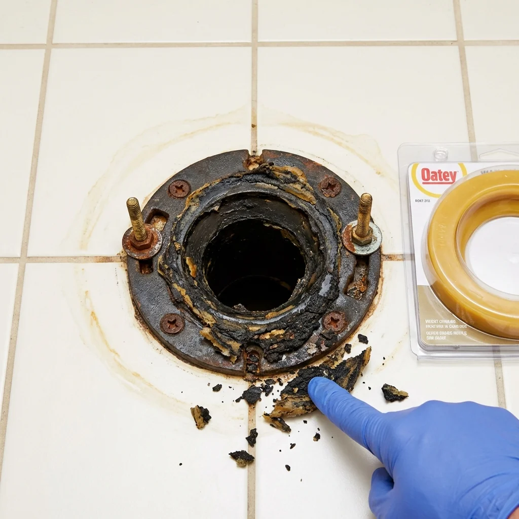 Failed wax ring showing water seepage at the base of a toilet in a North Aurora, IL home