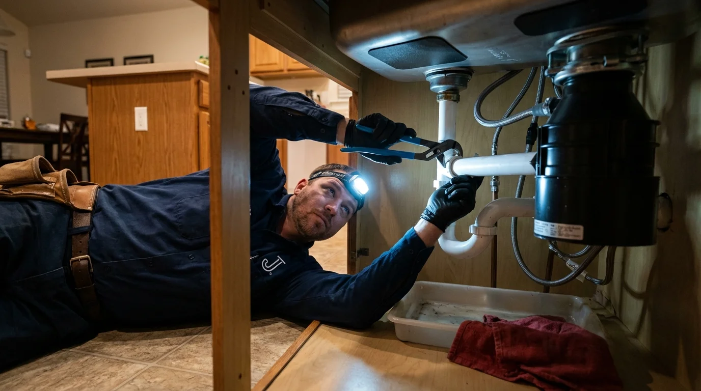 P-trap and supply line connections under a kitchen sink showing a common leak point in North Aurora, IL